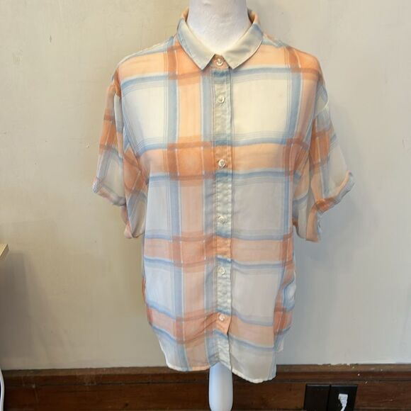 Splendid Orange and Blue Plaid sheer Button-Up blouse Size M EUC - Picture 2 of 8